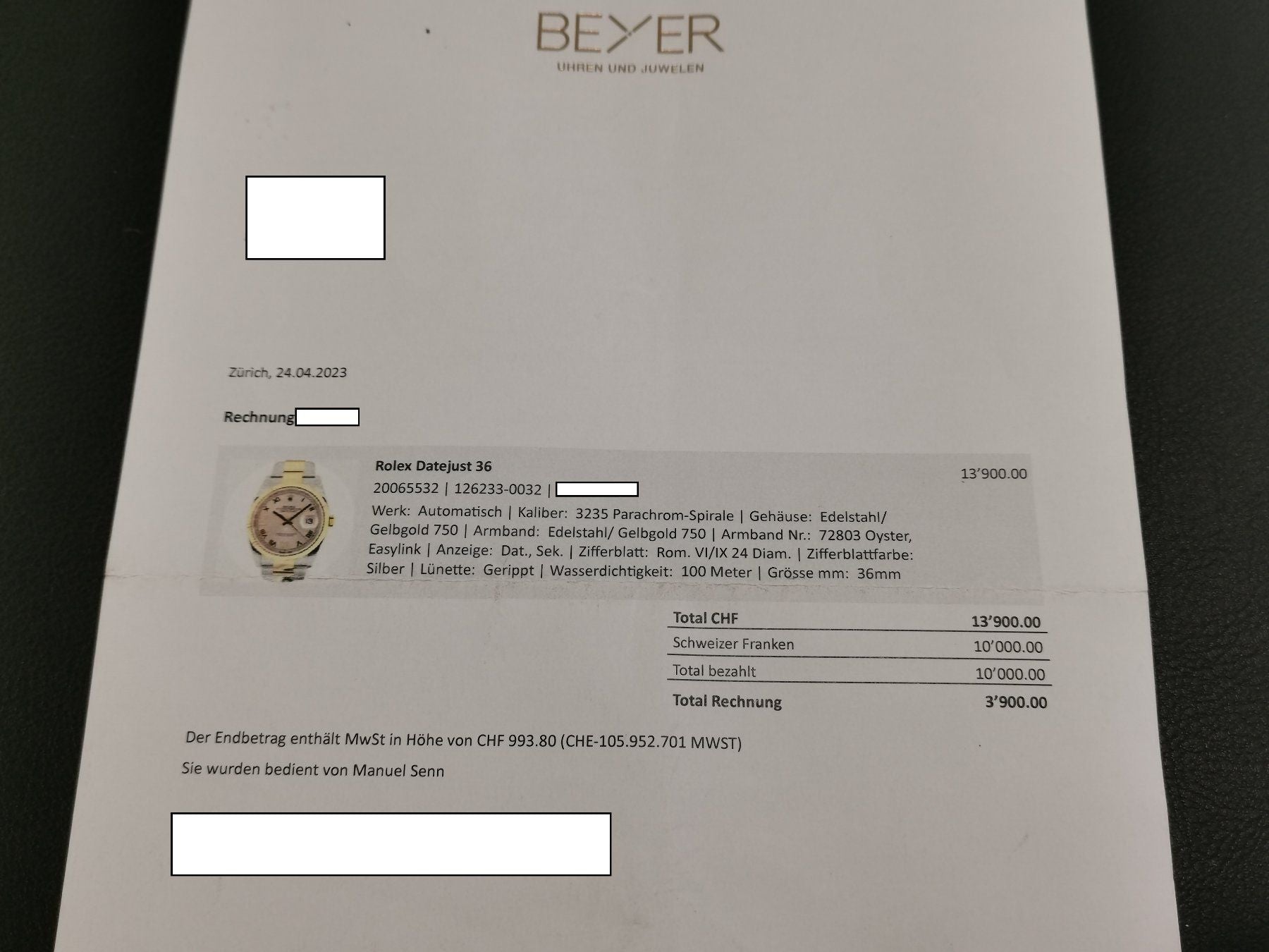 Rolex Datejust 36 StahlGold mit Diamanten - 126233