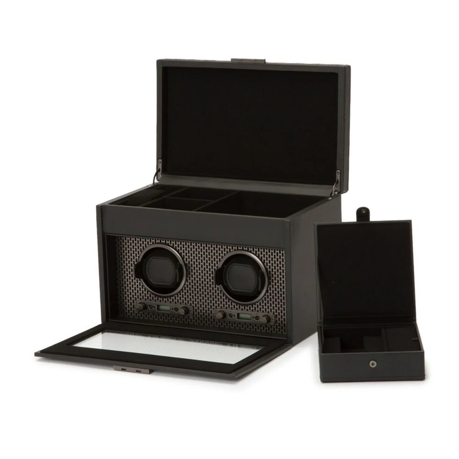 Uhrenbeweger Axis Double Watch Winder mit Schmuckfach und Reise-Etui - Pulverbeschichtet