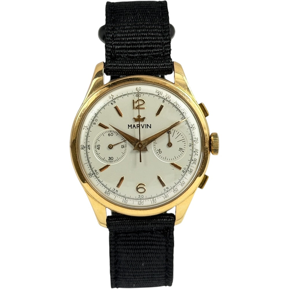 Marvin Handaufzug Chronograph Vintage Gold auf Stargold.ch erhältlich.