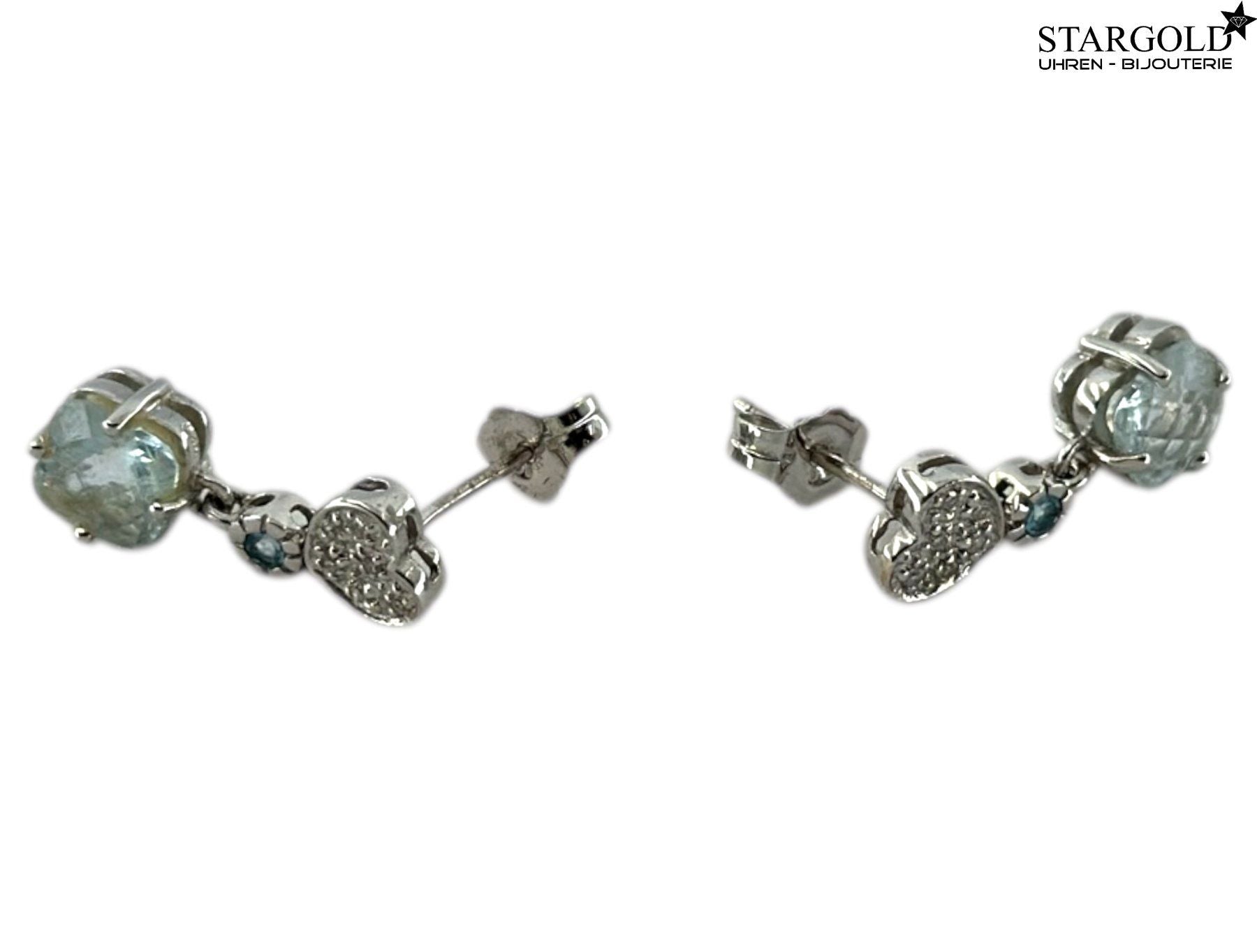 Hängender Ohrring 18K Weissgold mit Diamanten & Aquamarin - Stecker stargold.ch