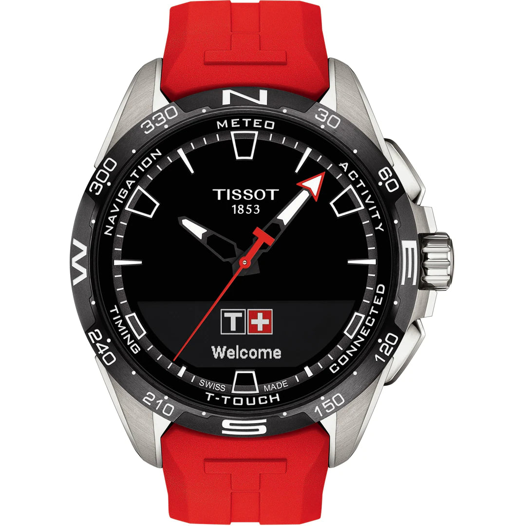 Tissot T-Touch Connect Solar Smartwatch Titan mit rotem Kautschukarmband auf Stargold.ch erhältlich.
