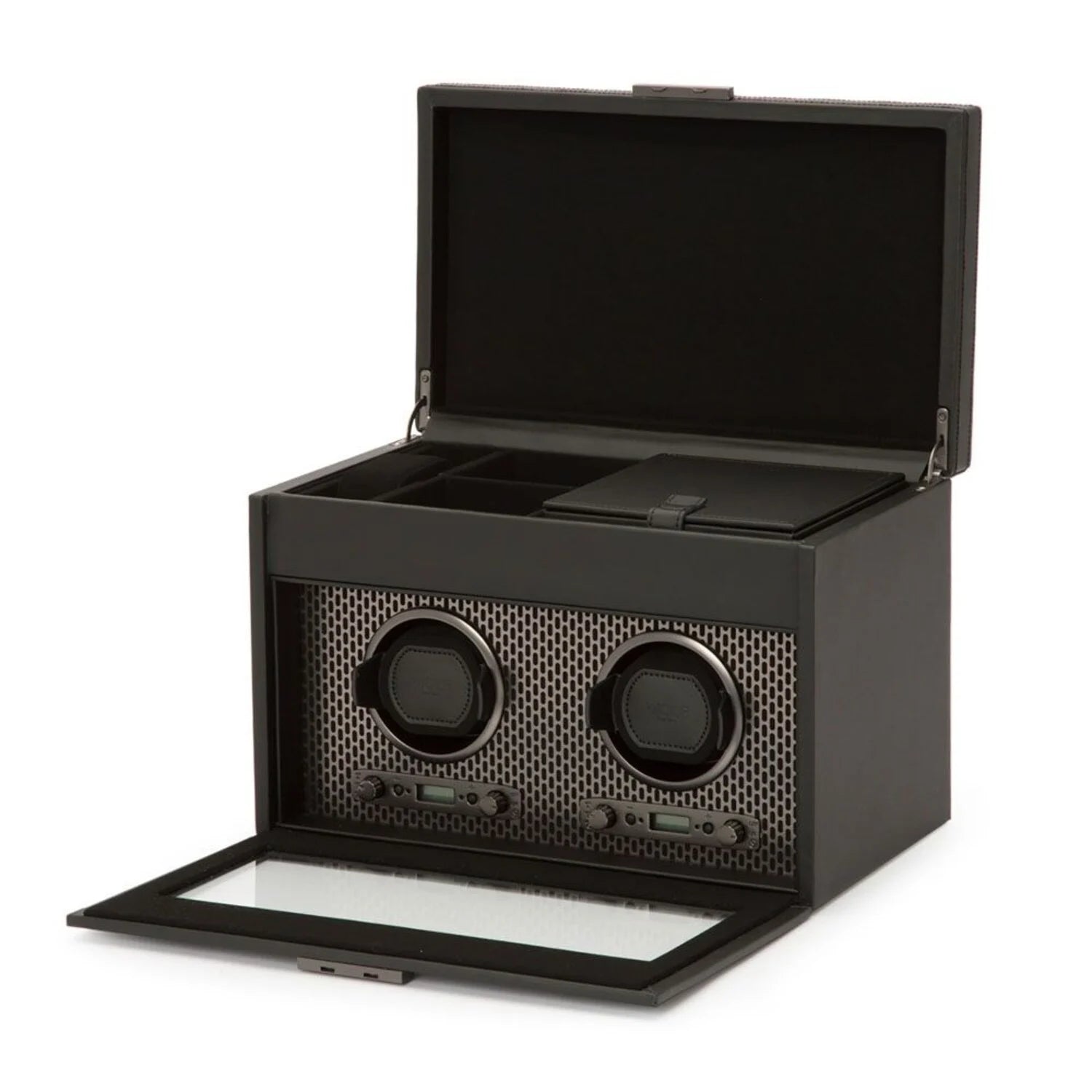 Uhrenbeweger Axis Double Watch Winder mit Schmuckfach und Reise-Etui - Pulverbeschichtet auf Stargold.ch erhältlich.