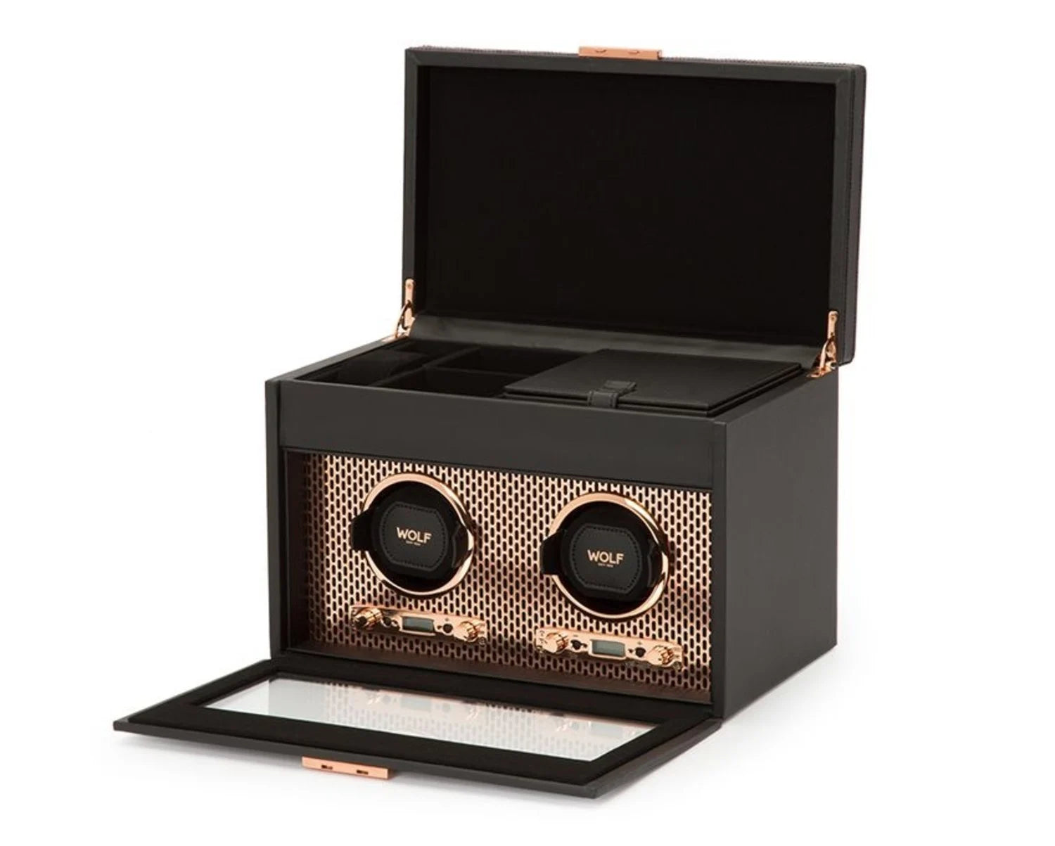 Uhrenbeweger Axis Double Watch Winder mit Schmuckfach und Reise-Etui - Kupfer auf Stargold.ch erhältlich.